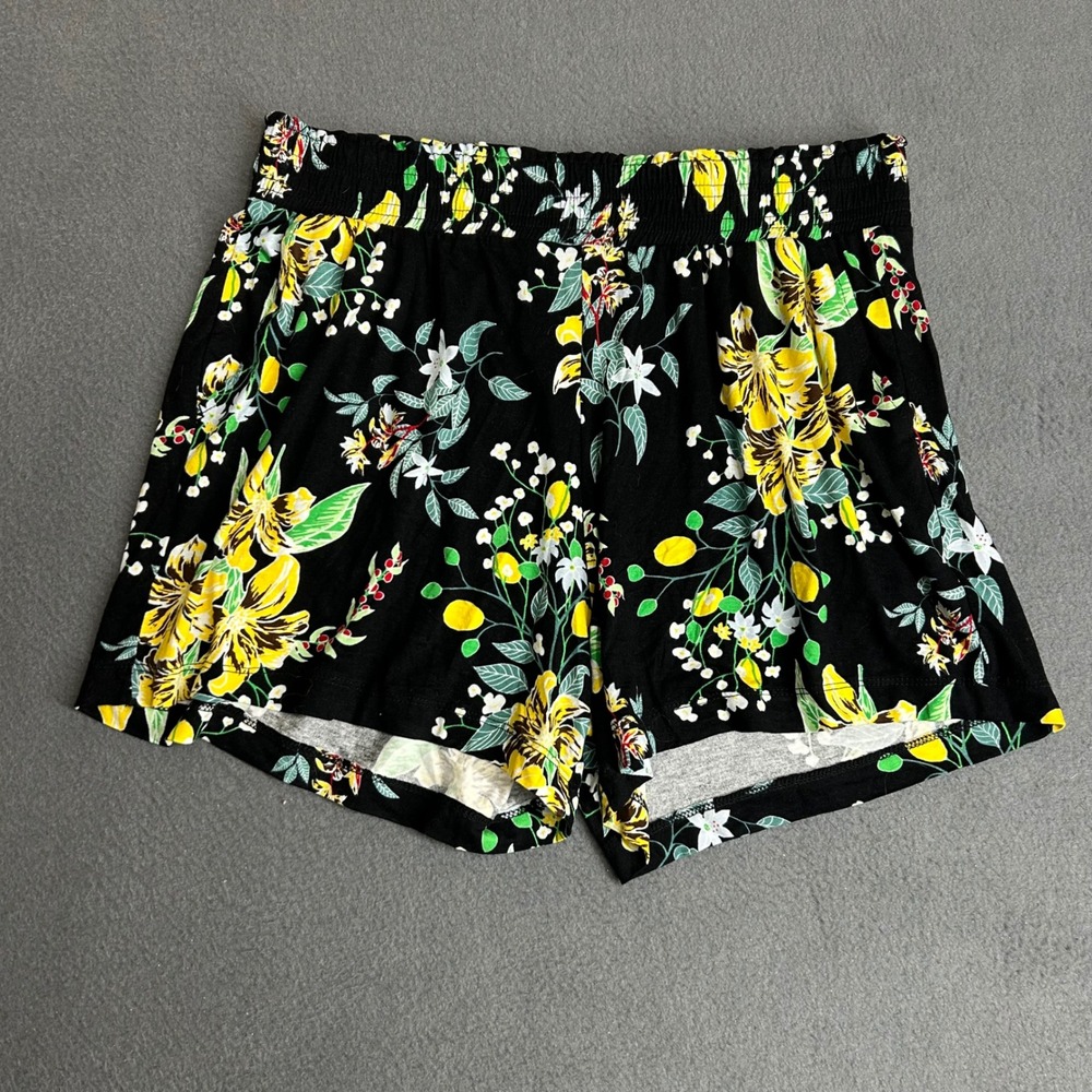 Serra Shorts Women Medium Black Yellow Floral Lemon Print Smocked Waist Pockets